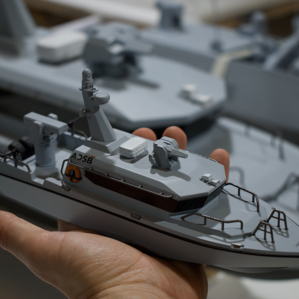 Completed 3D printed boat model close up